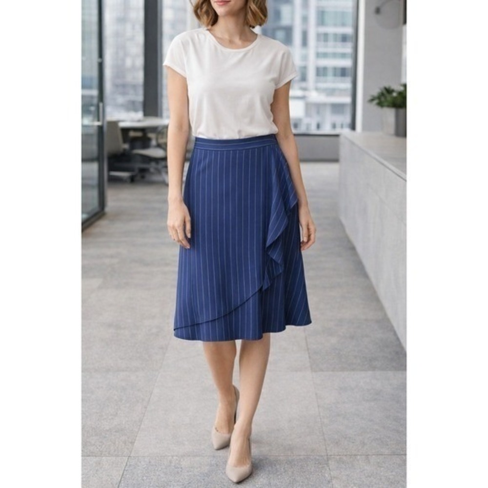 Banana Republic Classic Pinstripe Ruffle Midi Skirt Blue 12P NWT Professional
